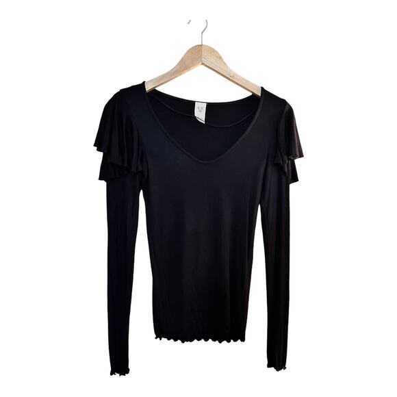 FREE PEOPLE On Rewind Jersey Black Knit Top Blouse Ruffle Long Sleeves V-Neck XS - Picture 3 of 11